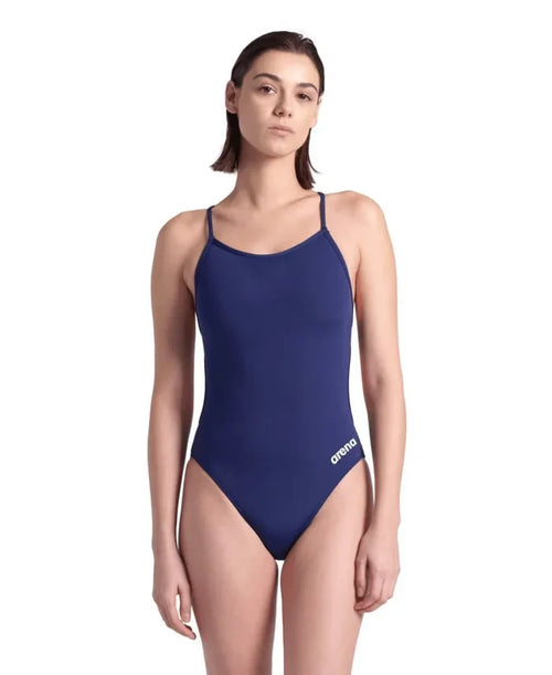 Navy Arena women's solid lace-back swimsuit with a sleek fit, designed for active swimming and stylish beachwear.