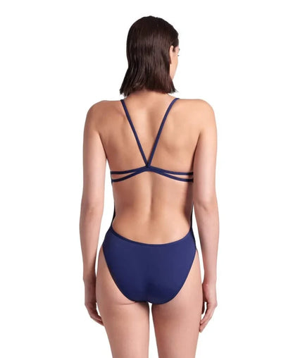 Navy Arena women's solid lace-back swimsuit, showcasing a sleek design with supportive straps and a stylish back detail.