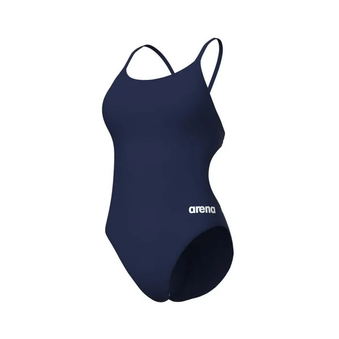 Navy Arena women's solid lace-back swimsuit with sleek design and supportive fit, suitable for swimming and water activities.