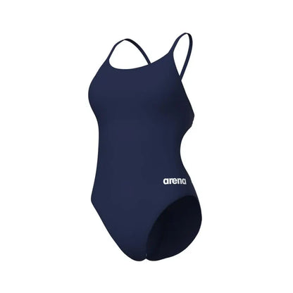 Navy Arena women's solid lace-back swimsuit with sleek design and supportive fit, suitable for swimming and water activities.