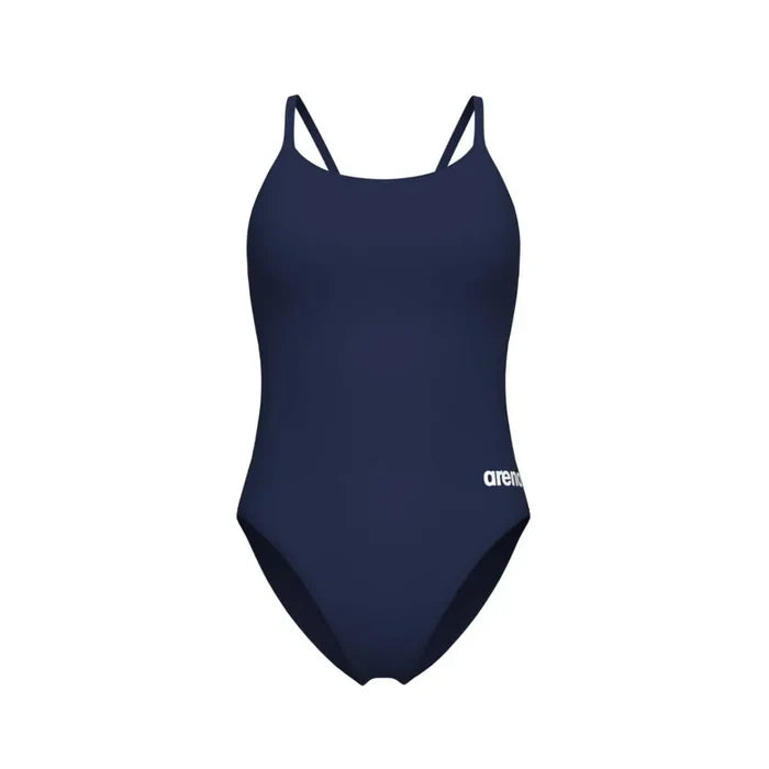 Navy Arena women's solid lace-back swimsuit with sleek design and supportive fit, perfect for swimming and beachwear.