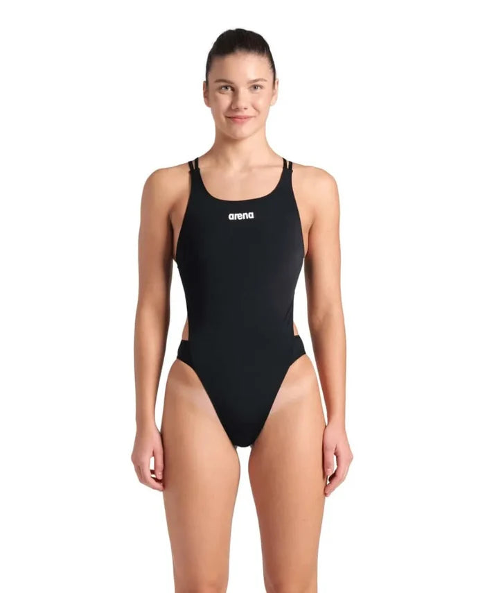 Arena women's solid black and white tech back swimsuit, stylish and supportive swimwear for women.