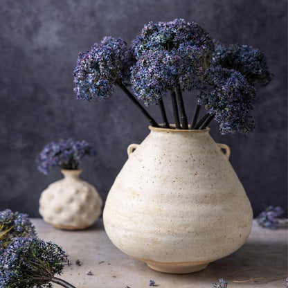 Beige ceramic vase with purple flowers against a dark background