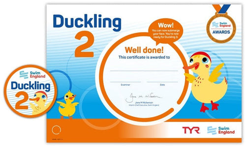 ASA Swim England Duckling Award Grade 2 certificate with yellow duck and orange white design