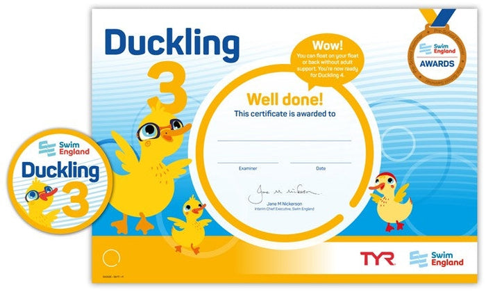 ASA Swim England Duckling Award Grade 3 certificate with yellow blue design and tyr swim england signature