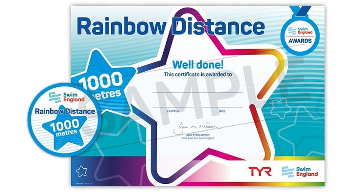 ASA Swim England 1000m rainbow distance certificate with star and colors