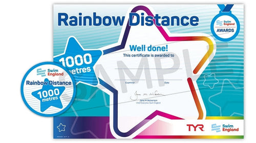 ASA Swim England 1000m rainbow distance certificate with star and colors