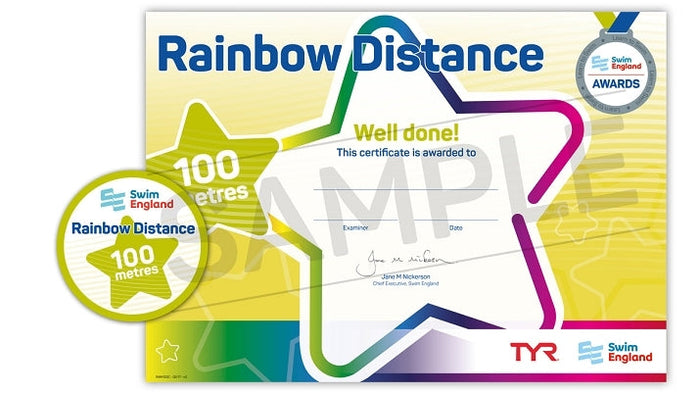 ASA Swim England 100m rainbow distance certificate with colorful star and Tyr logo