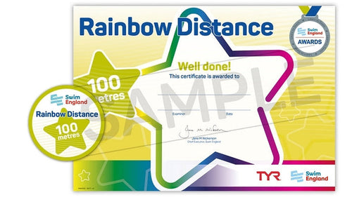 ASA Swim England 100m rainbow distance certificate with colorful star and Tyr logo