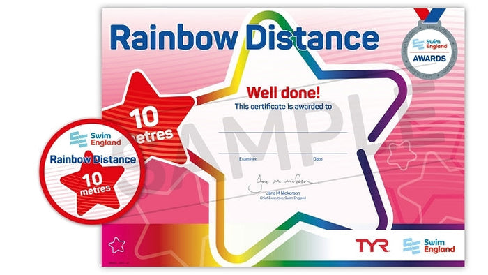 Colorful Rainbow Distance Award for 10M swim with Swim England logo