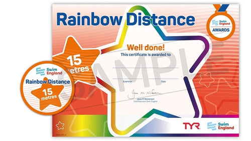 ASA Swim England rainbow distance 15m certificate with colorful star