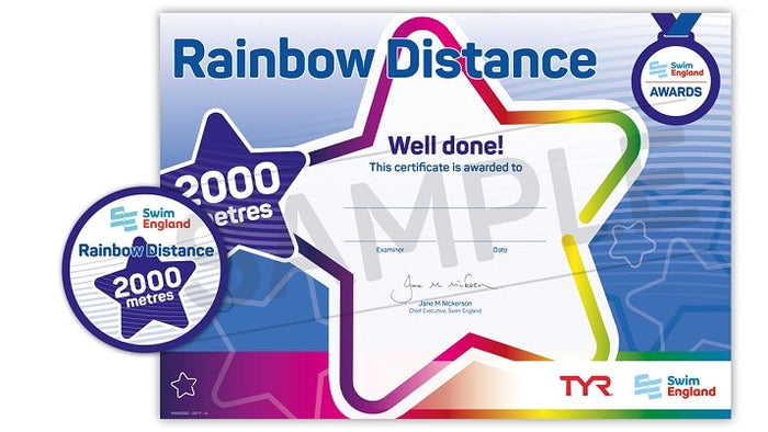 Colorful Swim England rainbow distance 2000m swimming award certificate