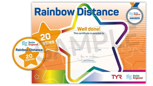 20m Rainbow Distance Certificate from Swim England with colorful star and Tyr branding