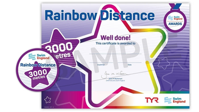 Colorful ASA Swim England Rainbow Distance 3000M Swimming Award certificate