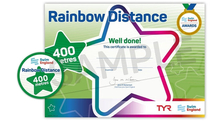 ASA Swim England 400m rainbow distance award certificate with star design and Tyr logo