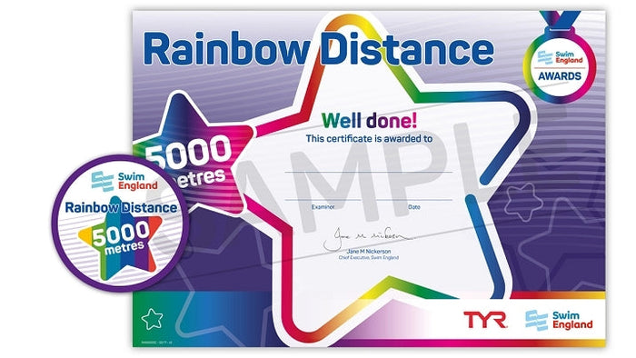ASA Swim England Rainbow Distance 5000m Award with star design and Swim Stages logo