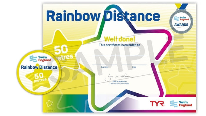 ASA Swim England Rainbow Distance 50M Award Certificate with Star Design