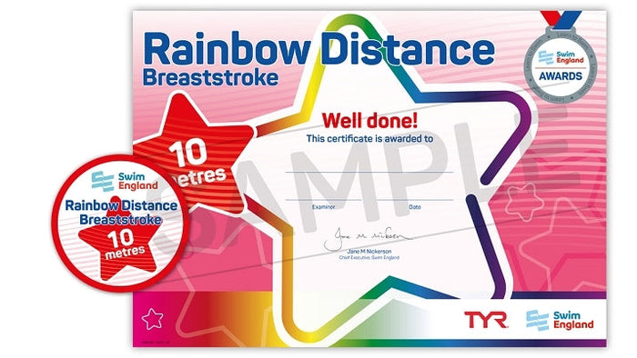 ASA Swim England rainbow stroke breaststroke 10m distance award certificate with colorful stars and Tyr logo