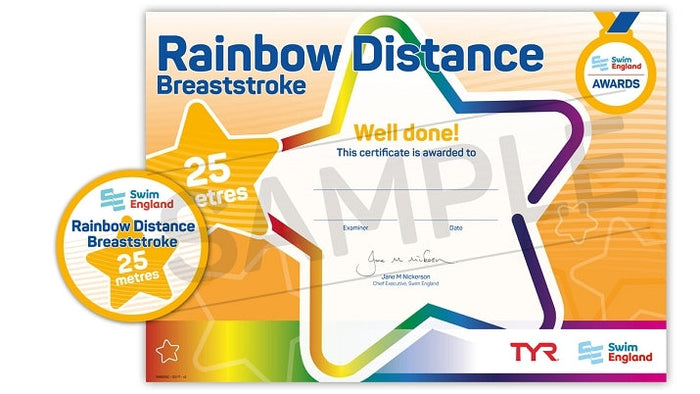 ASA Swim England Rainbow Stroke Breaststroke 25m Distance Award Certificate