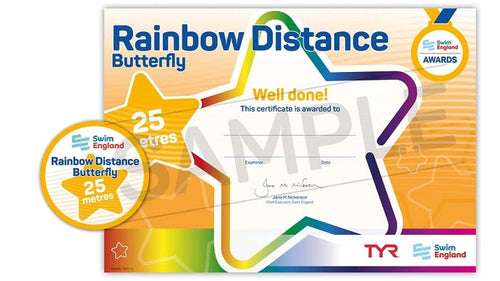 ASA Swim England rainbow stroke butterfly 25m distance award certificate