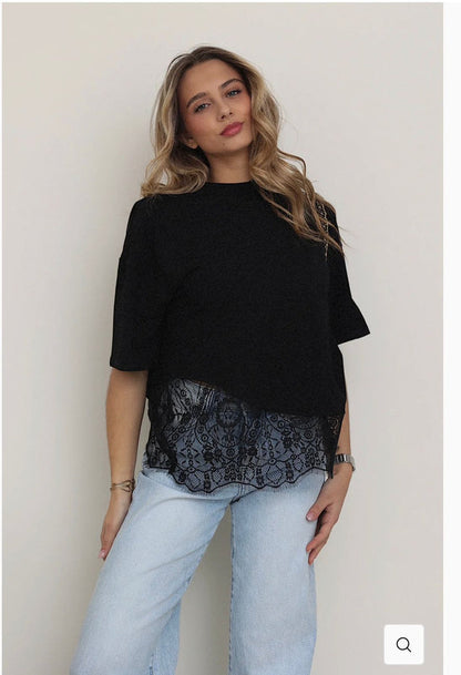 Asymmetrical cotton lace T-shirt For Top