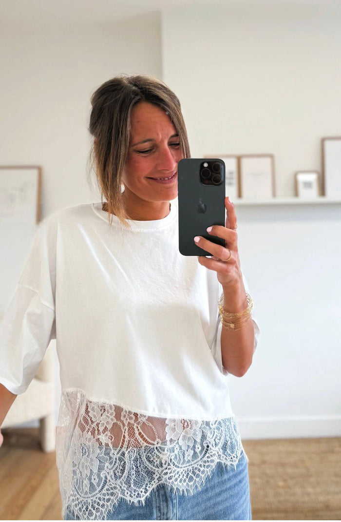 Asymmetrical cotton lace T-shirt For Top