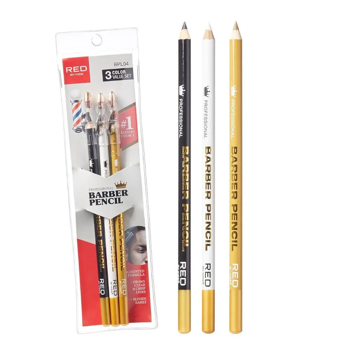 A set of three Red by Kiss professional barber pencils, with packaging that includes a built-in sharpener and emphasizes precision for hair and beard styling.