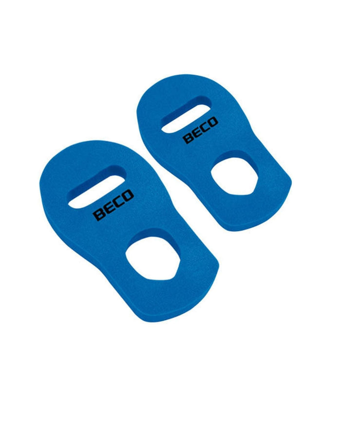 Blue BECO aqua kick-boxing gloves with leash covers, holes, black text