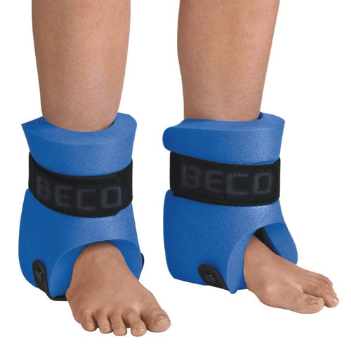 Blue BECO foot orthosis with black straps and wide Velcro fasteners for aqua fitness