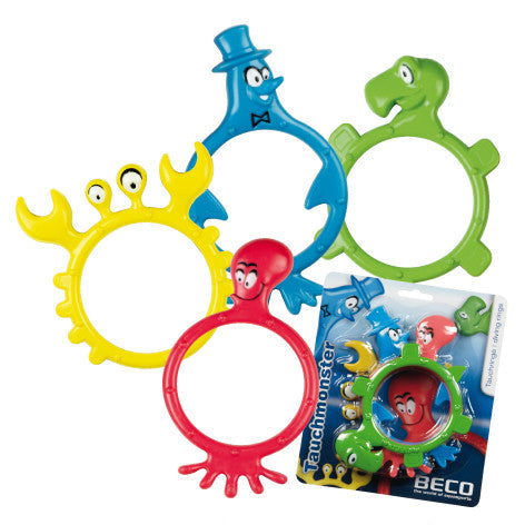 Red Beco Monster dive rings teething toy with face and hands for baby water confidence