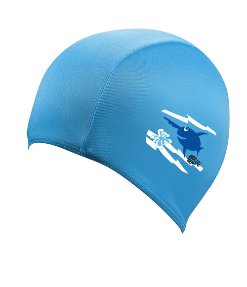 BECO Sealife junior swimming cap with blue shark design and white surfboard
