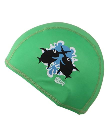 BECO Sealife junior swimming cap with green neoprene design, black fish and blue waves