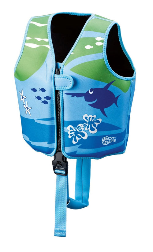 Beco Sealife swimming vest in blue with green accents, floral neoprene design