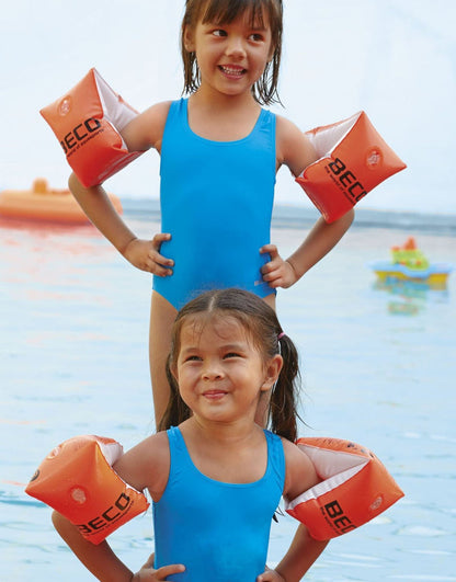 BECO orange baby arm bands with eco text, double chamber laminated foil