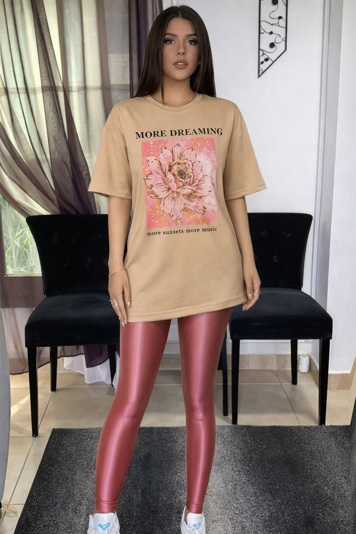 Beige Dreamy Rose Shine Combo Set (Dusty Rose Glossy leggings + Cotton Printed T-shirt)