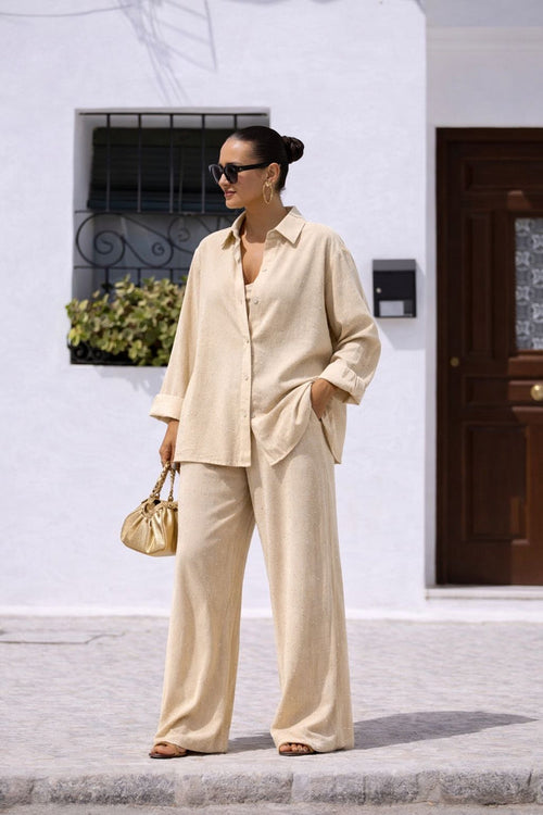 Beige Linen Blend Rhinestone Co-ord Set