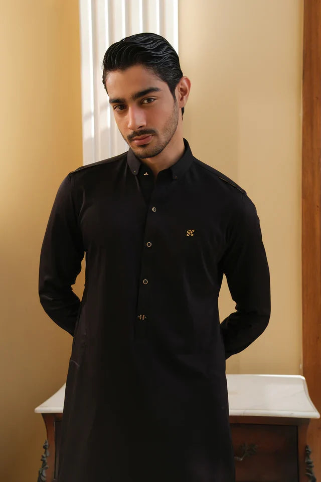 BLACK COTTON SATIN KURTA PAJAMA