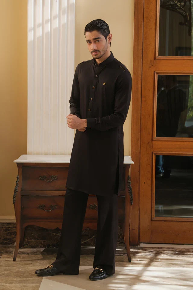 BLACK COTTON SATIN KURTA PAJAMA