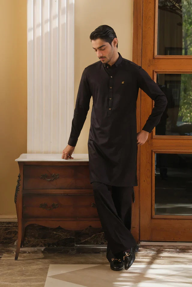 BLACK COTTON SATIN KURTA PAJAMA