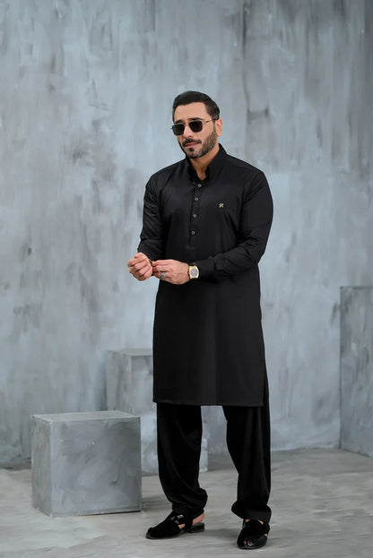 Black Cotton Satin Shalwar Kameez
