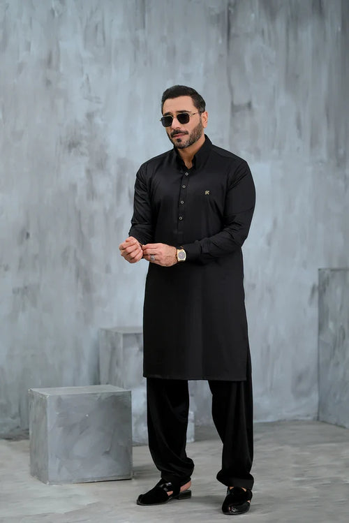 Black Cotton Satin Shalwar Kameez