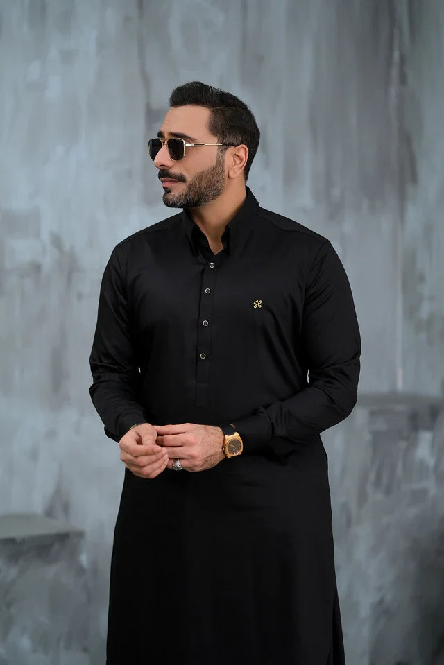 Black Cotton Satin Shalwar Kameez