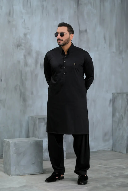 Black Cotton Satin Shalwar Kameez
