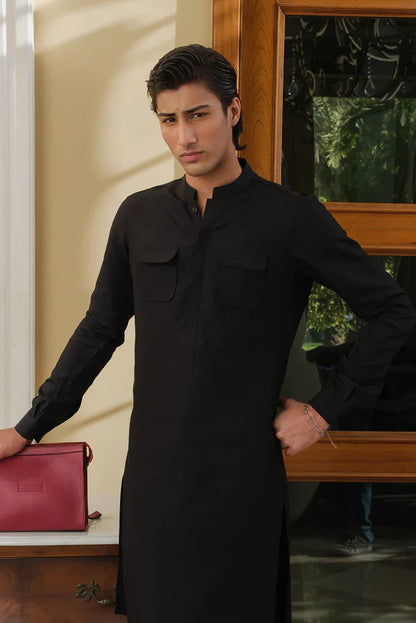 BLACK LINEN DOUBLE FLAP POCKET KURTA PAJAMA