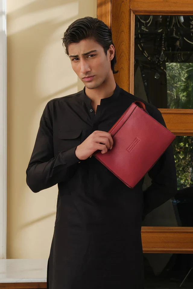 BLACK LINEN DOUBLE FLAP POCKET KURTA PAJAMA