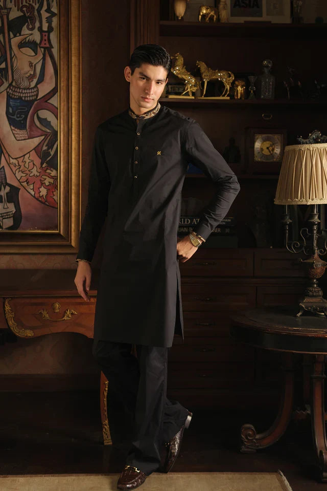 BLACK STRETCHABLE COTTON KURTA PAJAMA