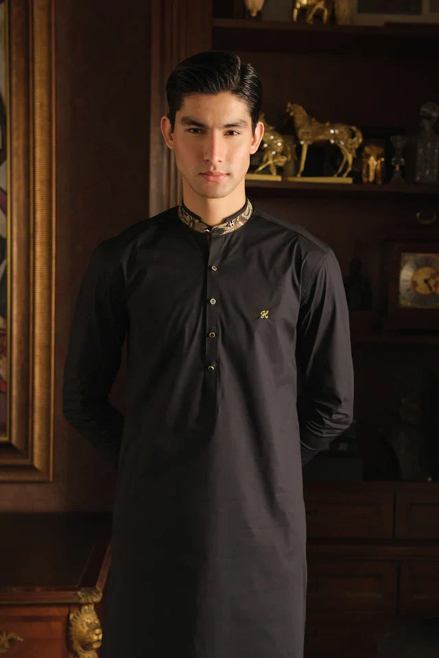 BLACK STRETCHABLE COTTON KURTA PAJAMA