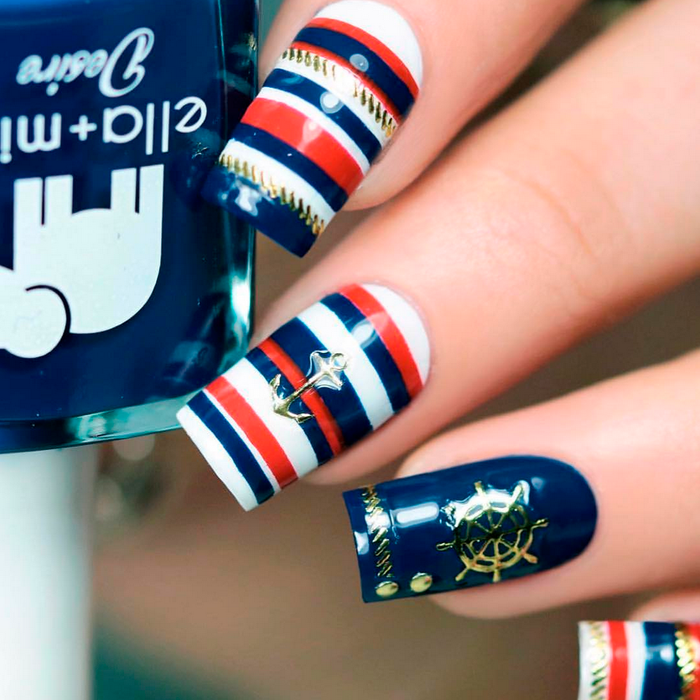 Blindfold Me navy nail polish with red and white nautical stripe nail art