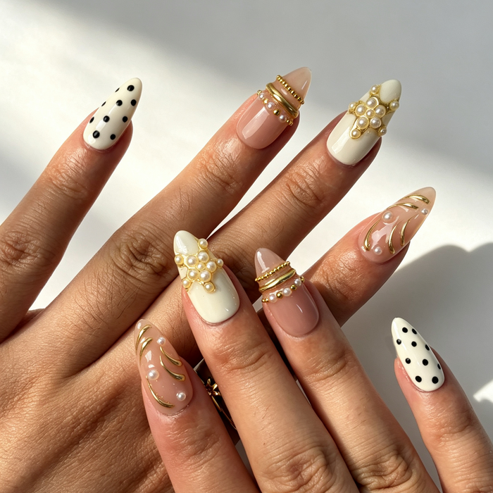 Nude polka‑dot pearl gold press‑on nails on hand