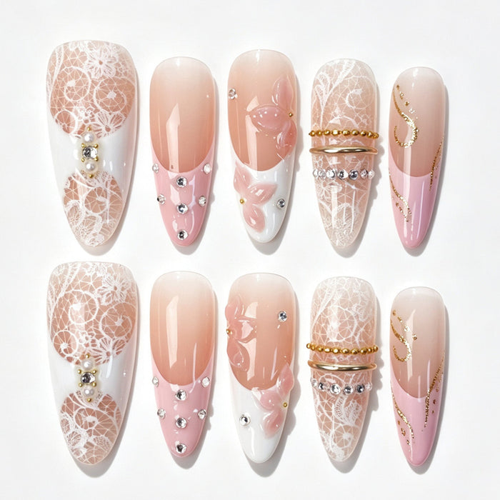 Long almond press‑on nails, blush nude pink french white lace print pink flower gold chain rhinestone spring fake nails